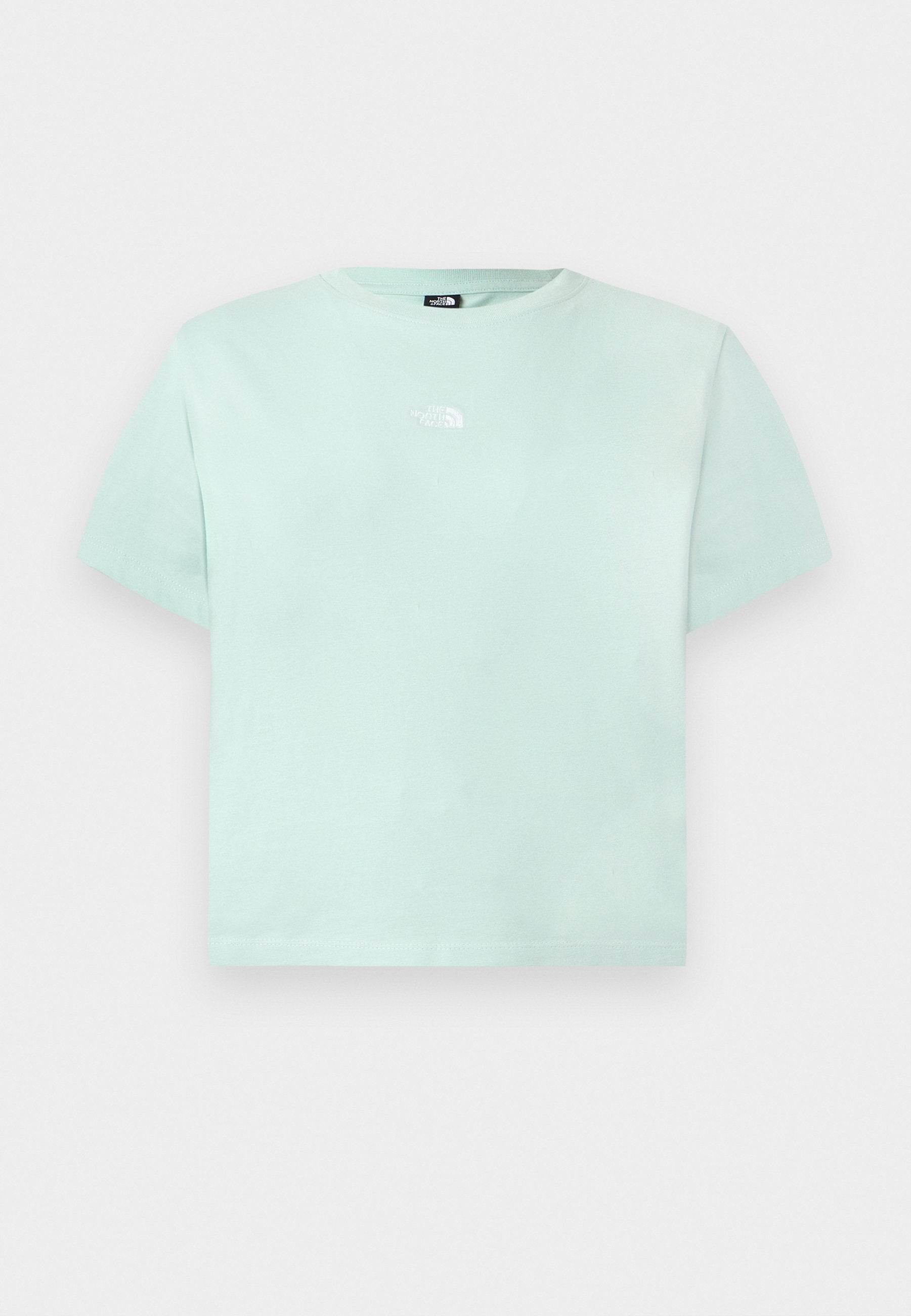Hellgrünes T-Shirt mit kurzen Ärmeln und Rundhalsausschnitt, mit kleinem weißen North Face-Logo mittig auf der Brust.