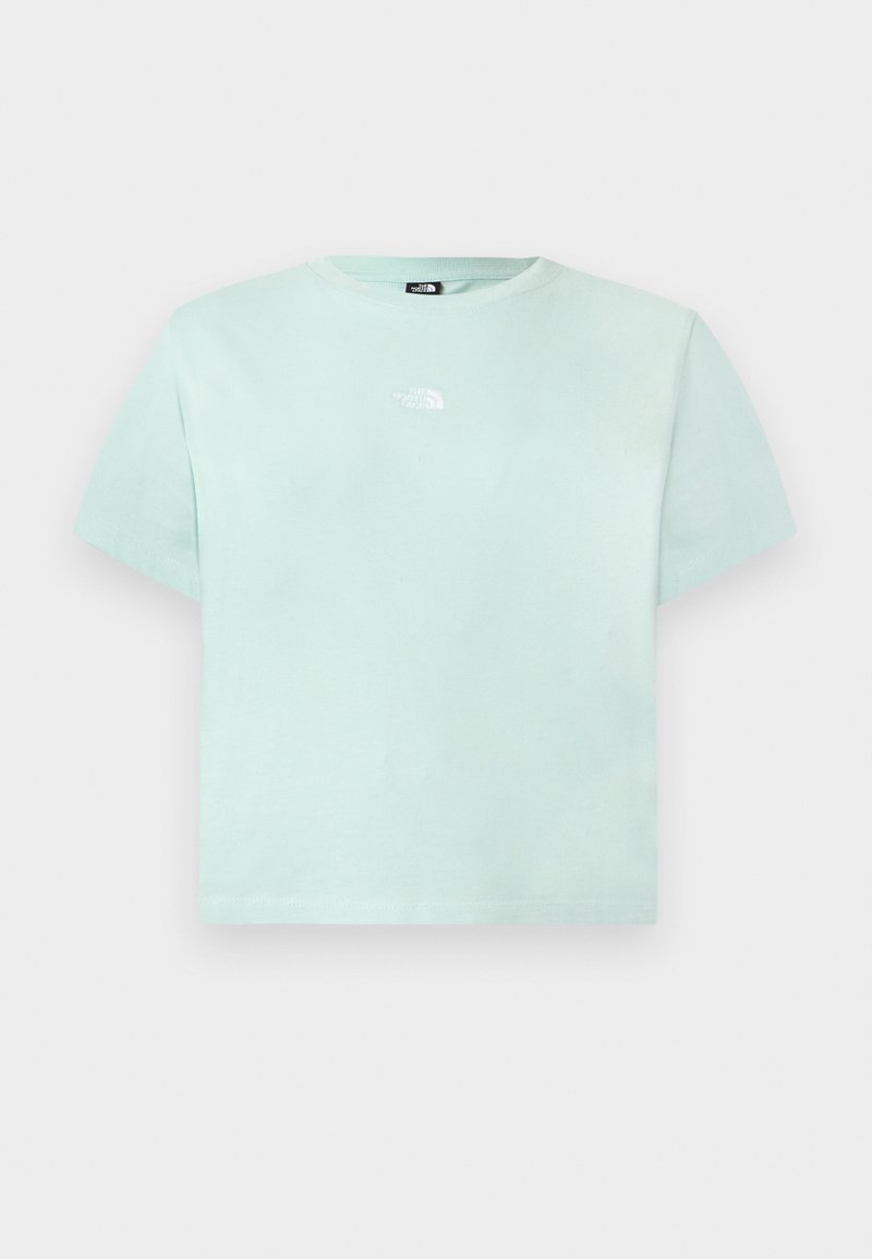 Hellgrünes T-Shirt mit kurzen Ärmeln und Rundhalsausschnitt, mit kleinem weißen North Face-Logo mittig auf der Brust.