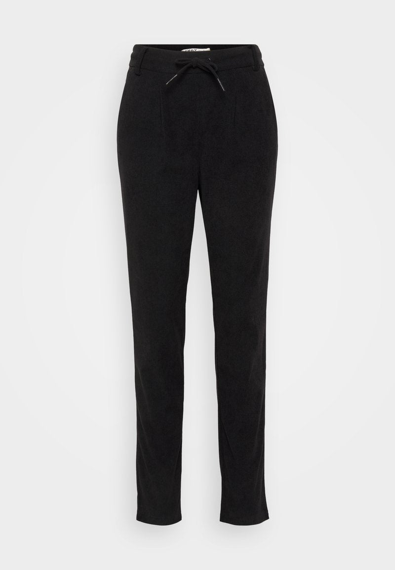 Schwarze Hose aus weichem Stoff, mit einem Kordelzugbund, zwei Vordertaschen und einem schmalen Schnitt mit einer glatten Textur.