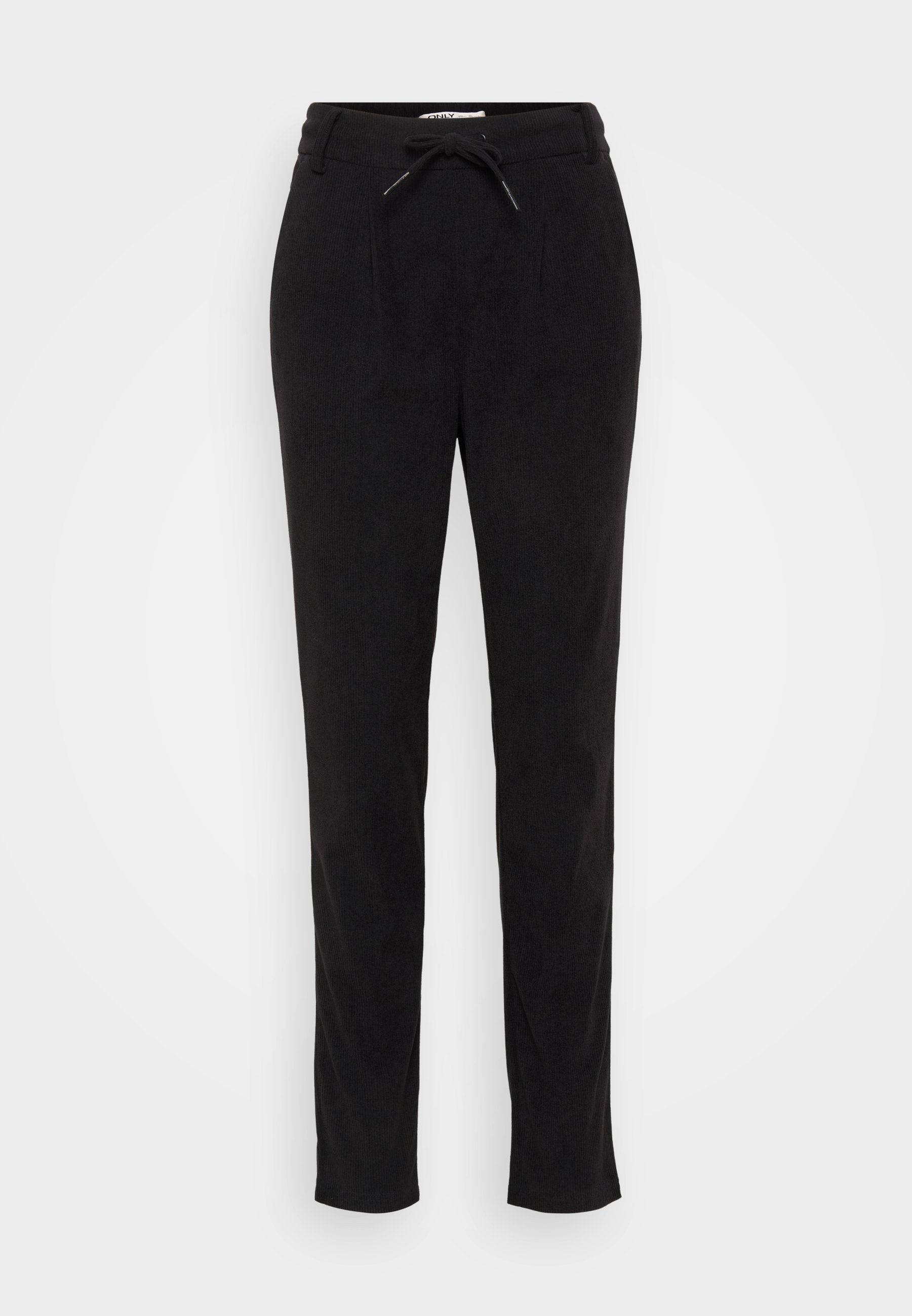 Schwarze Hose aus weichem Stoff, mit einem Kordelzugbund, zwei Vordertaschen und einem schmalen Schnitt mit einer glatten Textur.