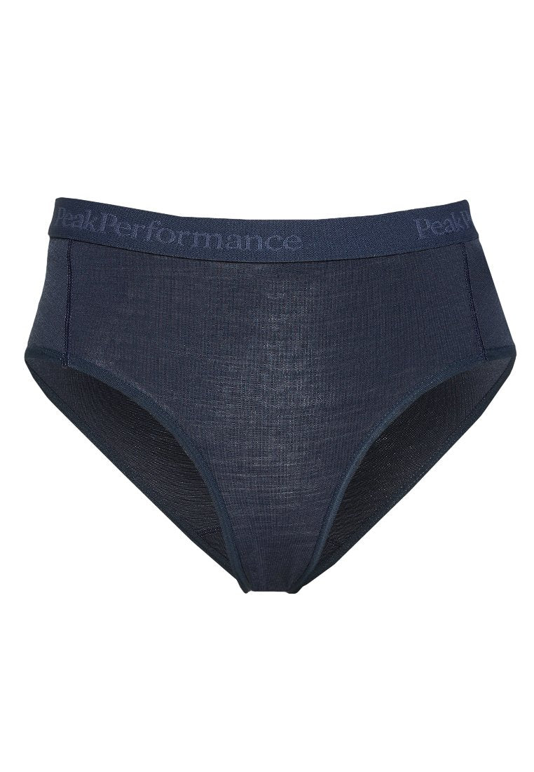 Dunkelblaue Damenunterwäsche aus weichem, dehnbarem Material mit dem Peak Performance-Logo am Bund. Sie bietet ein klassisches, hochgeschnittenes Design.