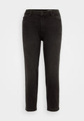 Schwarze Denim-Hose mit geradem Bein, ausgestattet mit einem Standardbund, zwei Vordertaschen und einer einzelnen Gesäßtasche.