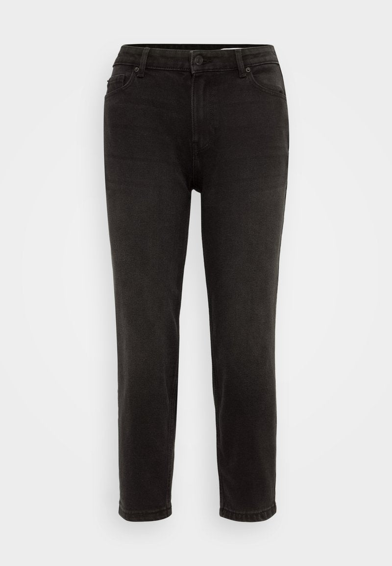 Schwarze Denim-Hose mit geradem Bein, ausgestattet mit einem Standardbund, zwei Vordertaschen und einer einzelnen Gesäßtasche.