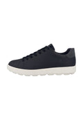 Dunkelblaue Leder-Sneaker mit glatter Textur, runder Zehenpartie, weißer Gummisohle und traditionellem Schnürdesign mit sechs Ösen.