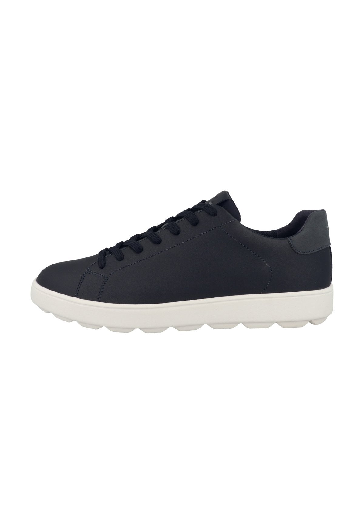 Dunkelblaue Leder-Sneaker mit glatter Textur, runder Zehenpartie, weißer Gummisohle und traditionellem Schnürdesign mit sechs Ösen.