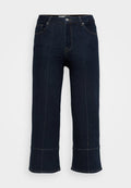 Dunkle Denim-Jeans mit hoher Taille, weitem Bein, kontrastierenden Nähten und einem rohen Saum am unteren Ende. Enthält standardmäßige vordere Taschen.