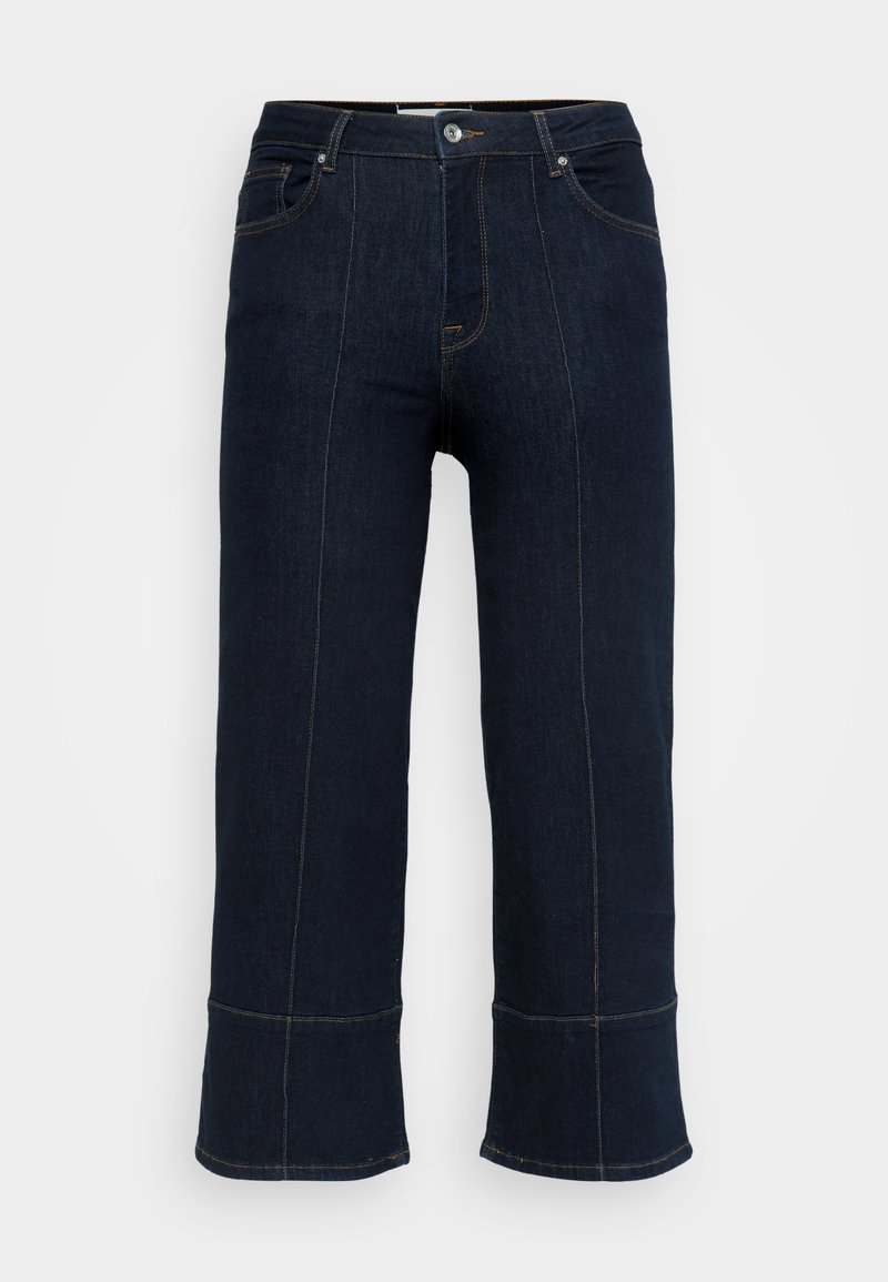 Dunkle Denim-Jeans mit hoher Taille, weitem Bein, kontrastierenden Nähten und einem rohen Saum am unteren Ende. Enthält standardmäßige vordere Taschen.