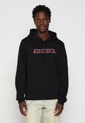 Schwarzer Pullover-Hoodie mit Kängurutasche, Kapuze mit Kordelzug und pinkem "DIESEL"-Logo auf der Brust. Aus weichem Baumwollmaterial gefertigt.