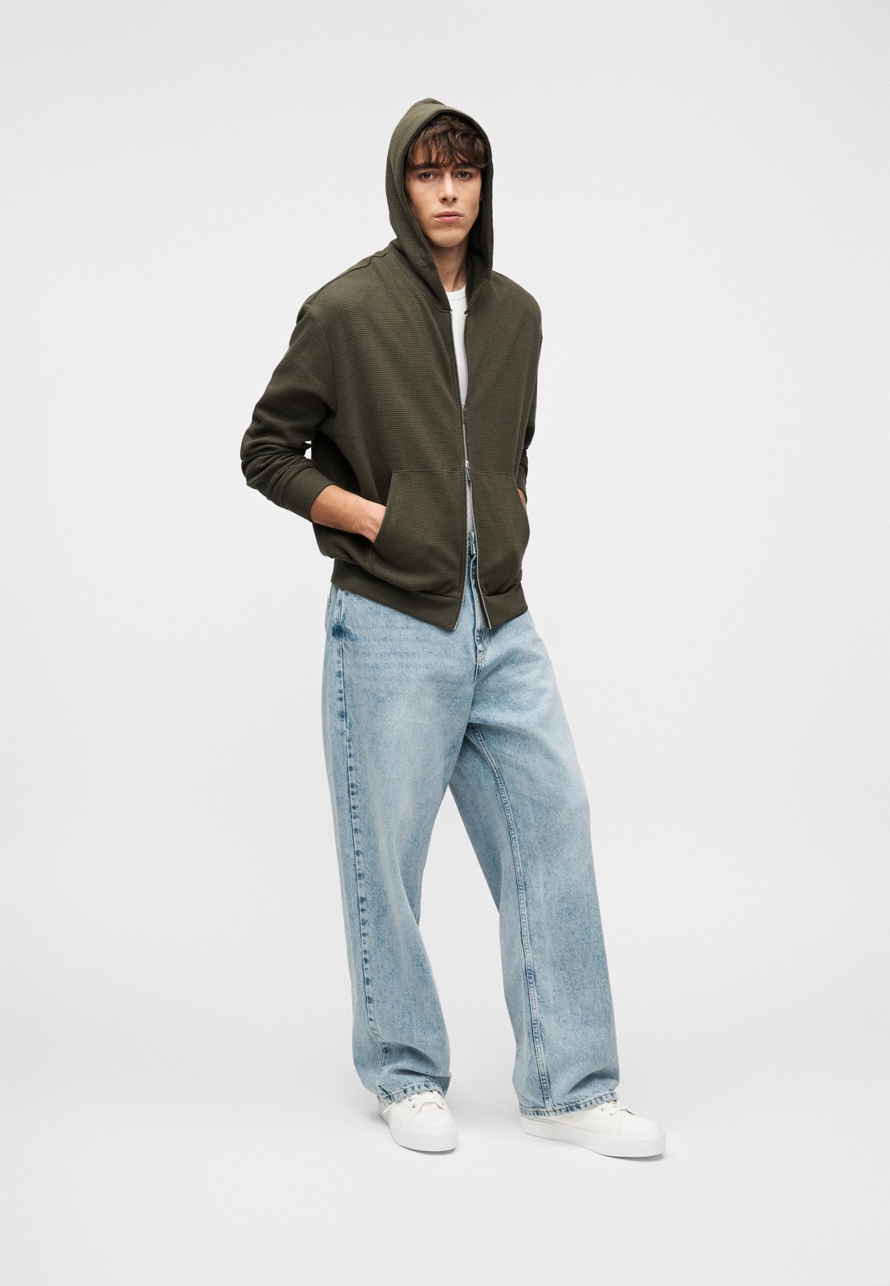 YOURTURN UNISEX WAFFLE RELAXED FIT ZIP-UP HOODIE