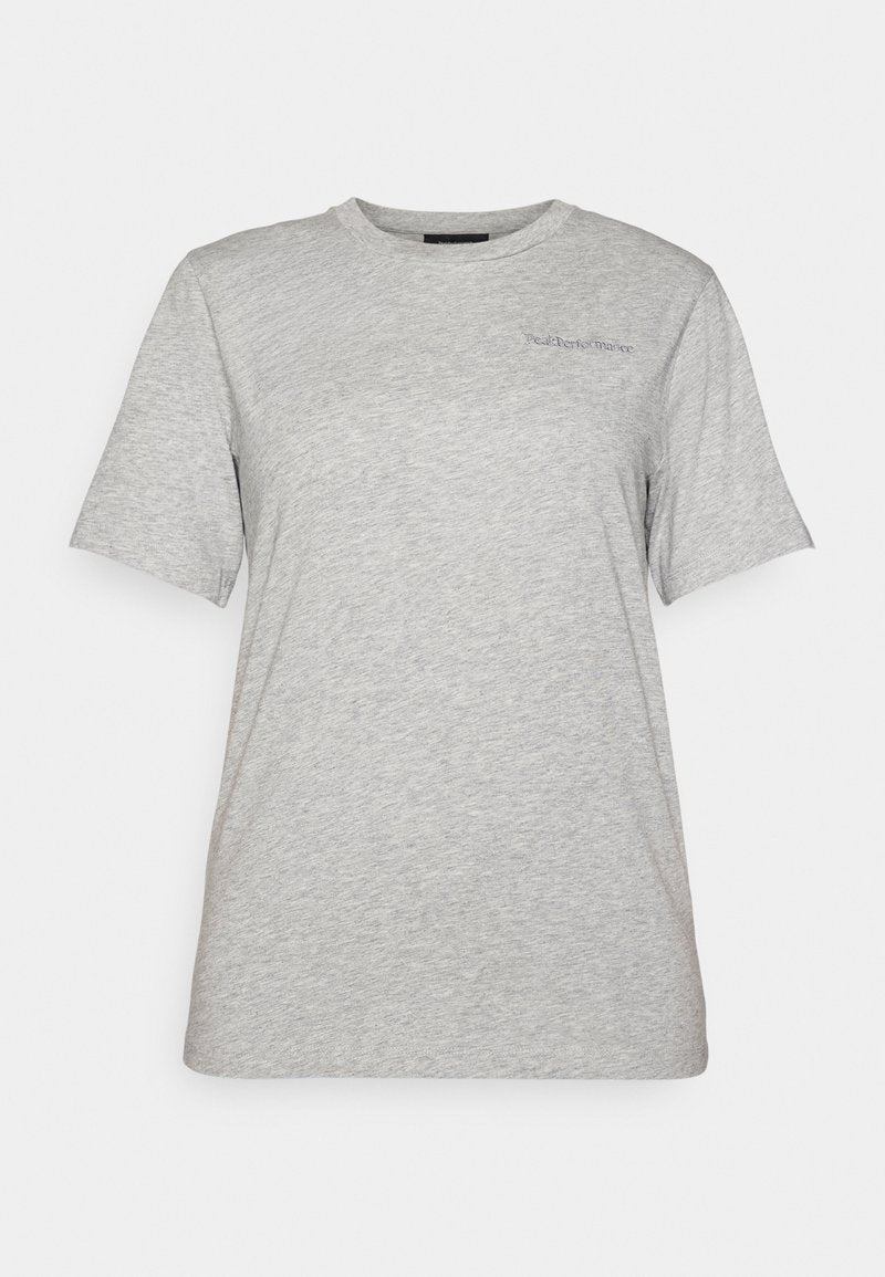 Graues Baumwoll-T-Shirt mit kurzen Ärmeln und rundem Halsausschnitt. Mit dezent gesticktem Logo auf der Brust. Weicher Stoff, lässige Passform.