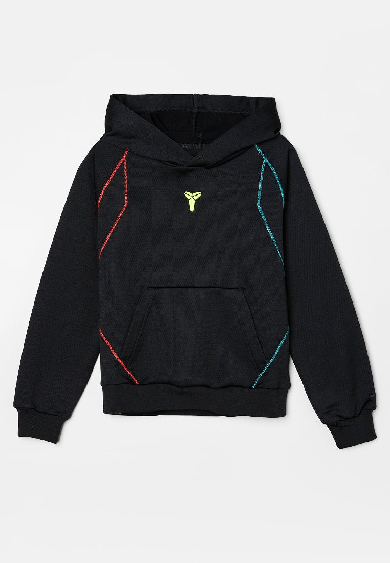 Schwarzer Kapuzenpullover mit neon-gelbem Logo, roten und blauen Akzenten an den Seiten und einer Fronttasche. Hergestellt aus strukturiertem Stoff.