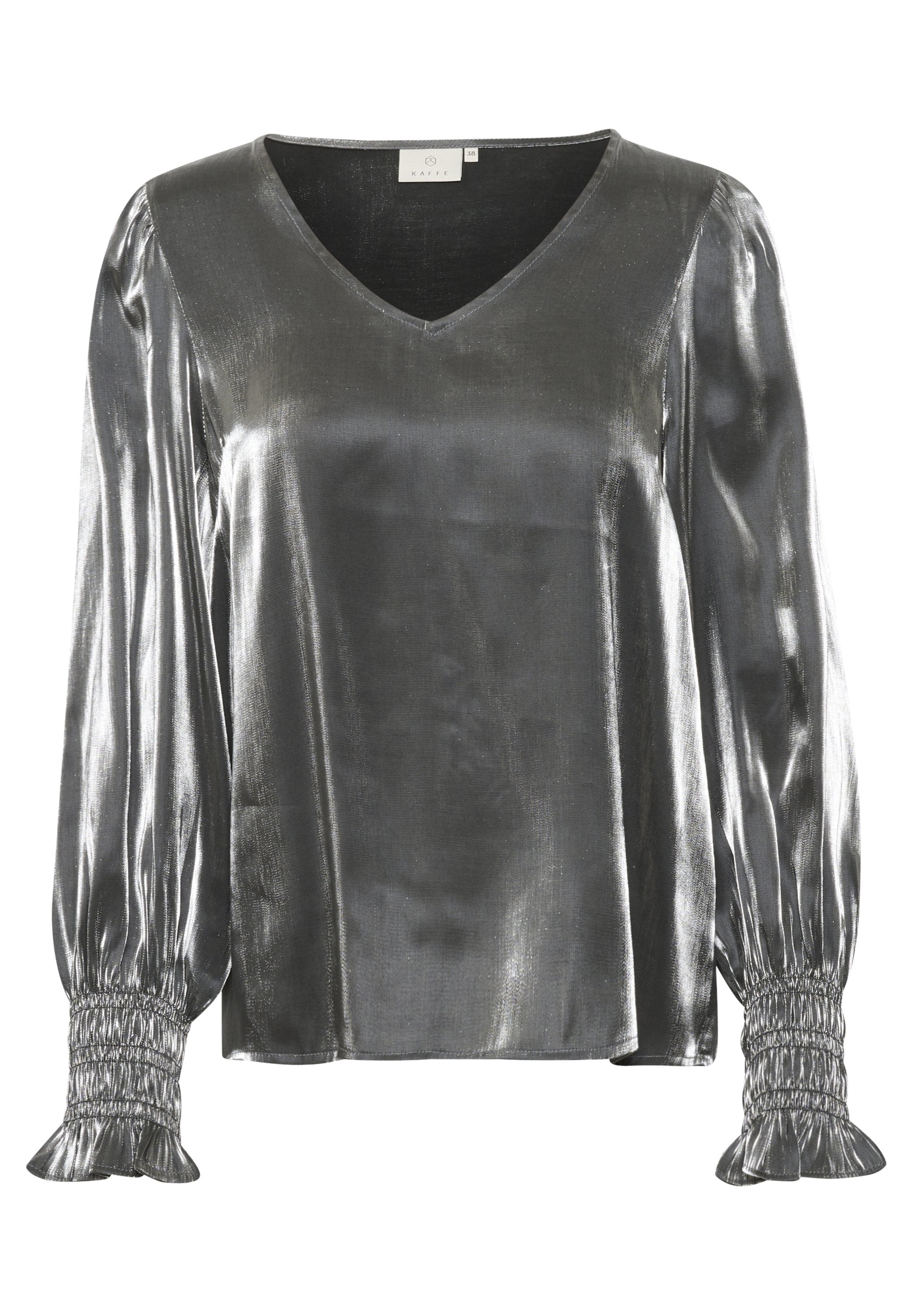 Metallisch graue Bluse mit V-Ausschnitt, langen Puffärmeln und gerafften Manschetten, die eine glatte, glänzende Textur und ein lässiges Schnittdesign aufweist.