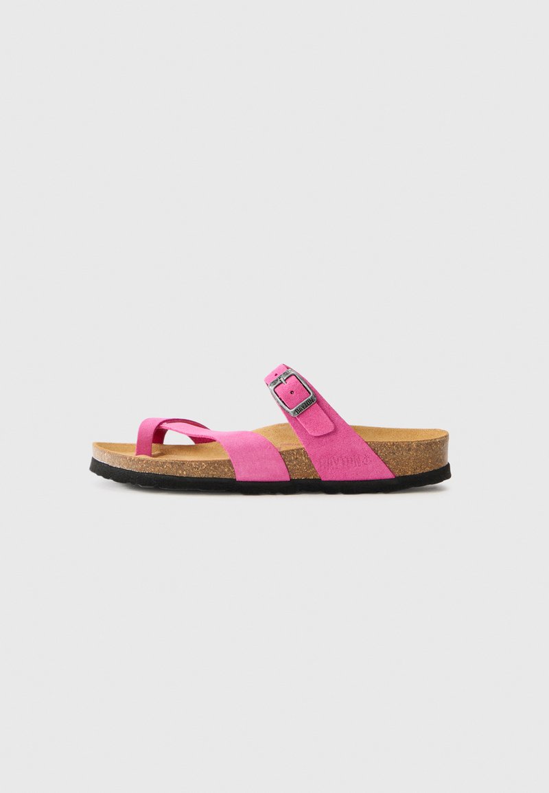 Rosa Wildleder-Sandale mit verstellbarem Schnallenverschluss, Korkfußbett und strukturiertem schwarzem Gummisohle, mit zwei Riemen für ein minimalistisches Design.