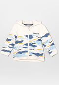 Zip-Hoodie aus weichem Stoff mit einer cremefarbenen Basis und Wellenmustern in Blau, Gelb und Schwarz. Mit Kapuze und gerippten Bündchen.