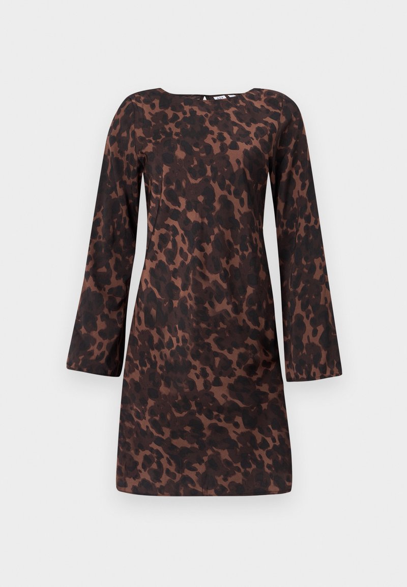 Braunes Leopardenmuster-Kleid mit langen Ärmeln, rundem Ausschnitt und lockerem Sitz. Hergestellt aus leichtem Stoff mit glatter Textur.