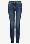 Dunkelblaue Jeans aus Denim mit geradem Schnitt, fünf Taschen, Gürtelschlaufen und einer Knopfverschluss vorne. Subtile gewebte Textur.