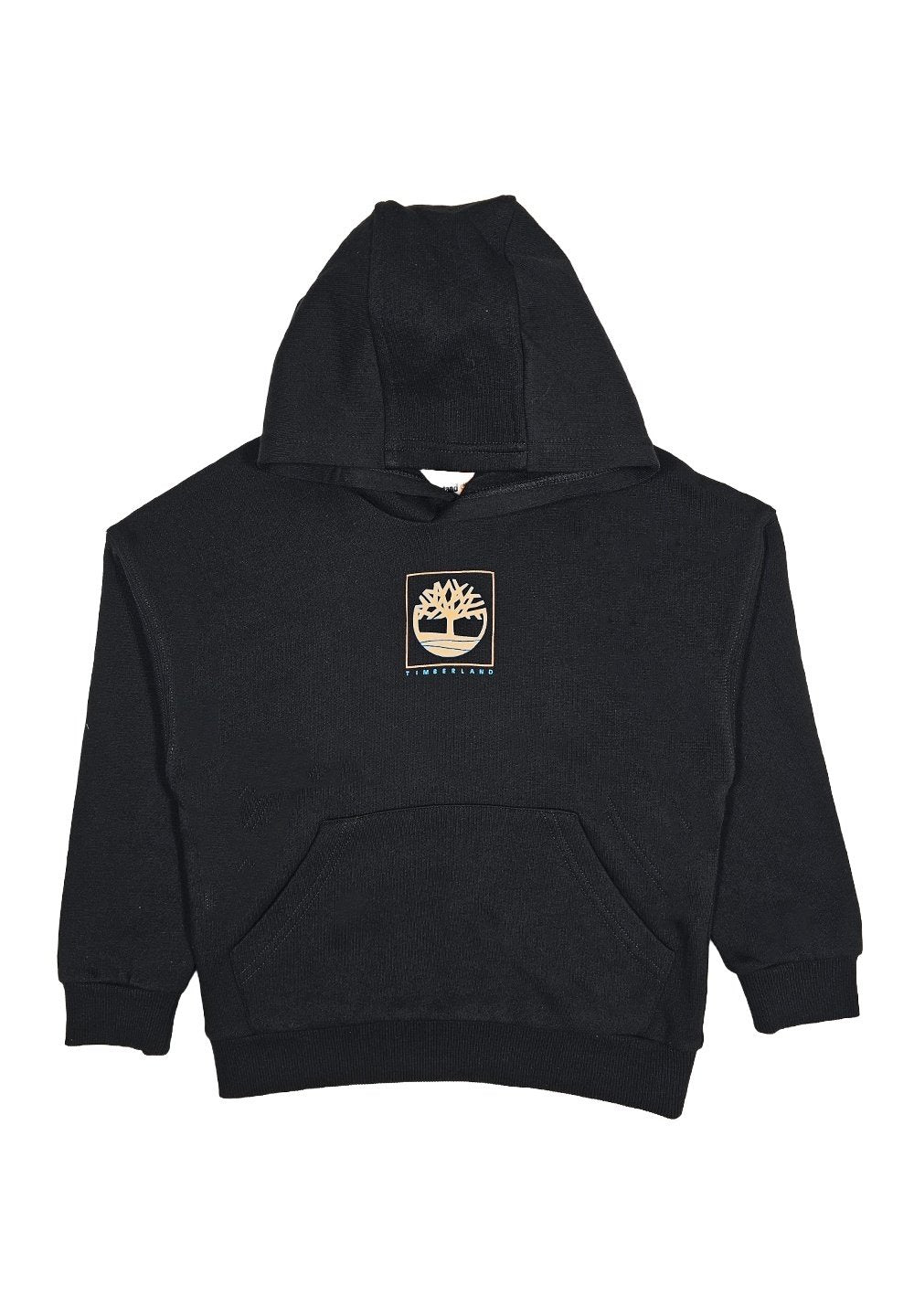 Schwarzer Baumwoll-Hoodie mit Kängurutasche. Besitzt ein Quadrat-Logo, das einen Baum in Beige und Blau darunter darstellt.