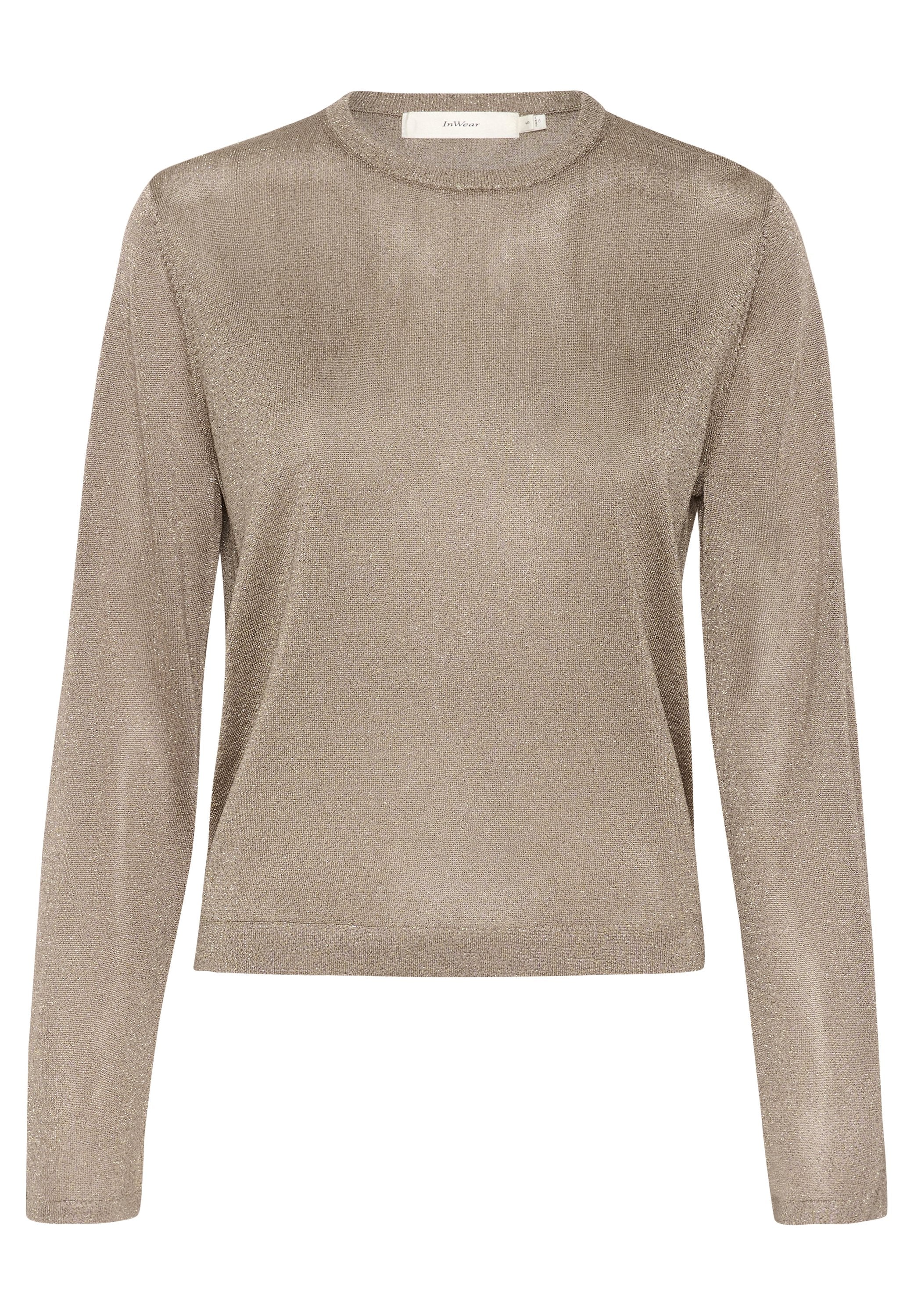 Metallisch beiges Langarmshirt mit rundem Ausschnitt. Glatte Textur mit einem dezenten Glanz, taillierte Passform und zeitloses Design.