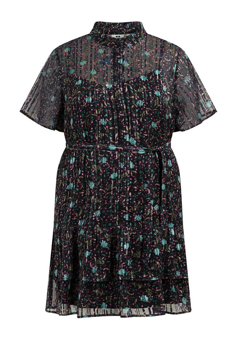 Blumenmusterkleid aus leicht transparentem schwarzen Stoff mit kurzen Ärmeln, plissiertem Design, gestuftem Rock und hohem Kragen. Akzentuiert mit grünen und rosa Blumen.