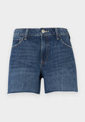 Dunkelblaue Denim-Shorts mit rohem Saum. Verfügt über ein Fünf-Taschen-Design und einen metallenen Knopfverschluss vorne. Durchgehend mit Steppnähten versehen.