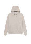 Beige Pullover-Hoodie aus weichem Baumwollmix. Verfügt über eine Kapuze mit Kordelzug, eine Vorderasche, gerippte Bündchen und minimale Markenbeschriftung.