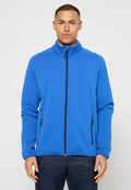 Blaue Fleecejacke mit hohem Kragen, Frontreißverschluss und Seitentaschen. Das Material ist strukturiert und leicht, geeignet zum Schichten.