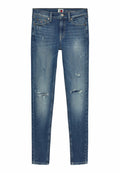 Schmale Jeans aus mittlerem blauen Denim mit abgenutzten Details. Sie verfügt über eine mittelhohe Taille, fünf Taschen und einen klassischen Knopfverschluss.