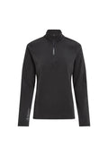 Schwarzer Pullover mit langen Ärmeln aus Fleece-Material, mit einem Viertelreißverschluss am Hals und "Polartec"-Logo am Ärmel.