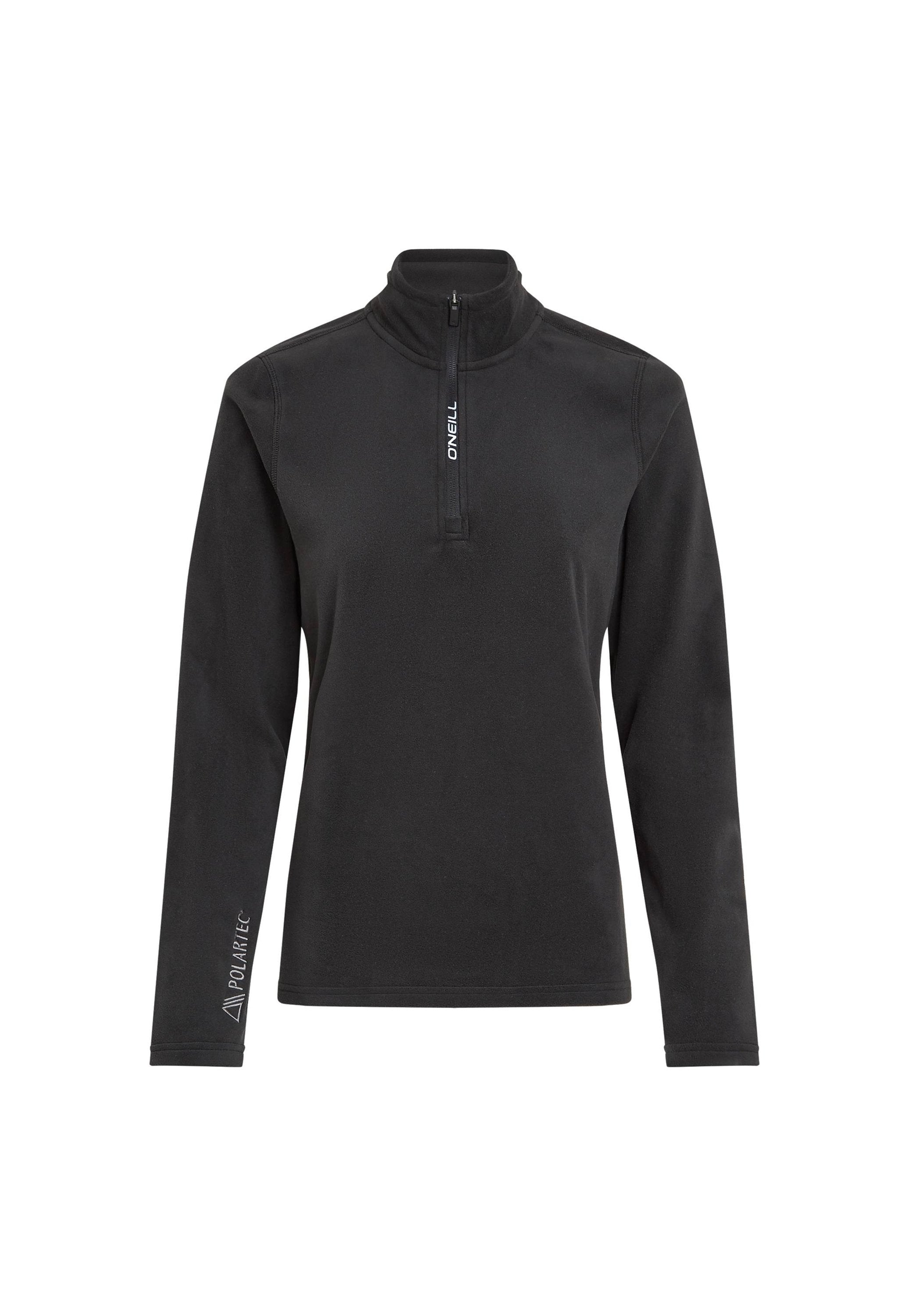Schwarzer Pullover mit langen Ärmeln aus Fleece-Material, mit einem Viertelreißverschluss am Hals und "Polartec"-Logo am Ärmel.