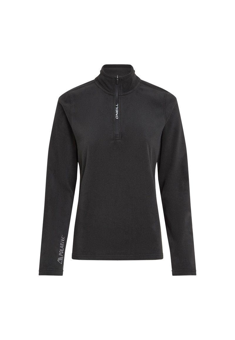 Schwarzer Pullover mit langen Ärmeln aus Fleece-Material, mit einem Viertelreißverschluss am Hals und "Polartec"-Logo am Ärmel.