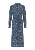 Langarmkleid aus einem dunkelblauen Stoff mit einem hellblauen Spritzmuster. Elastischer Taillenbund mit einem Bindegürtel und KragenDETAIL.