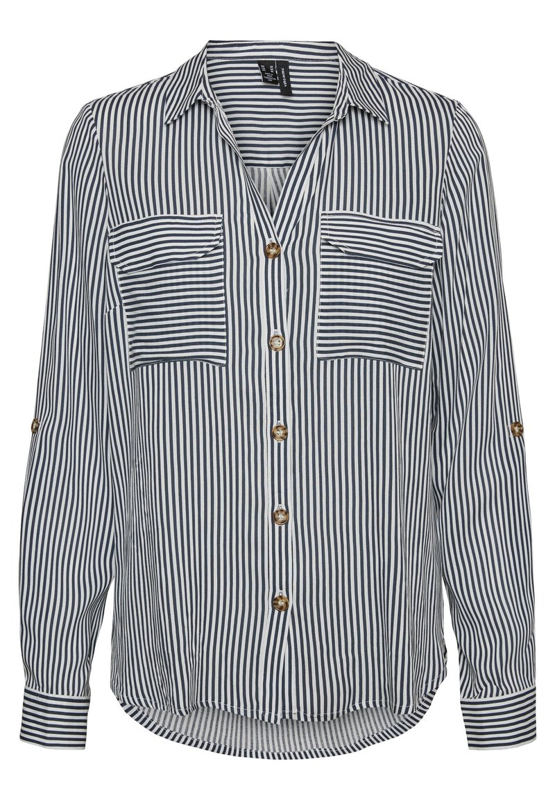 Gestreifte Bluse in Marineblau und Weiß mit Kragen, langen Ärmeln und zwei Brusttaschen. Verfügt über Knopfverschlüsse mit runden, hellen Knöpfen.