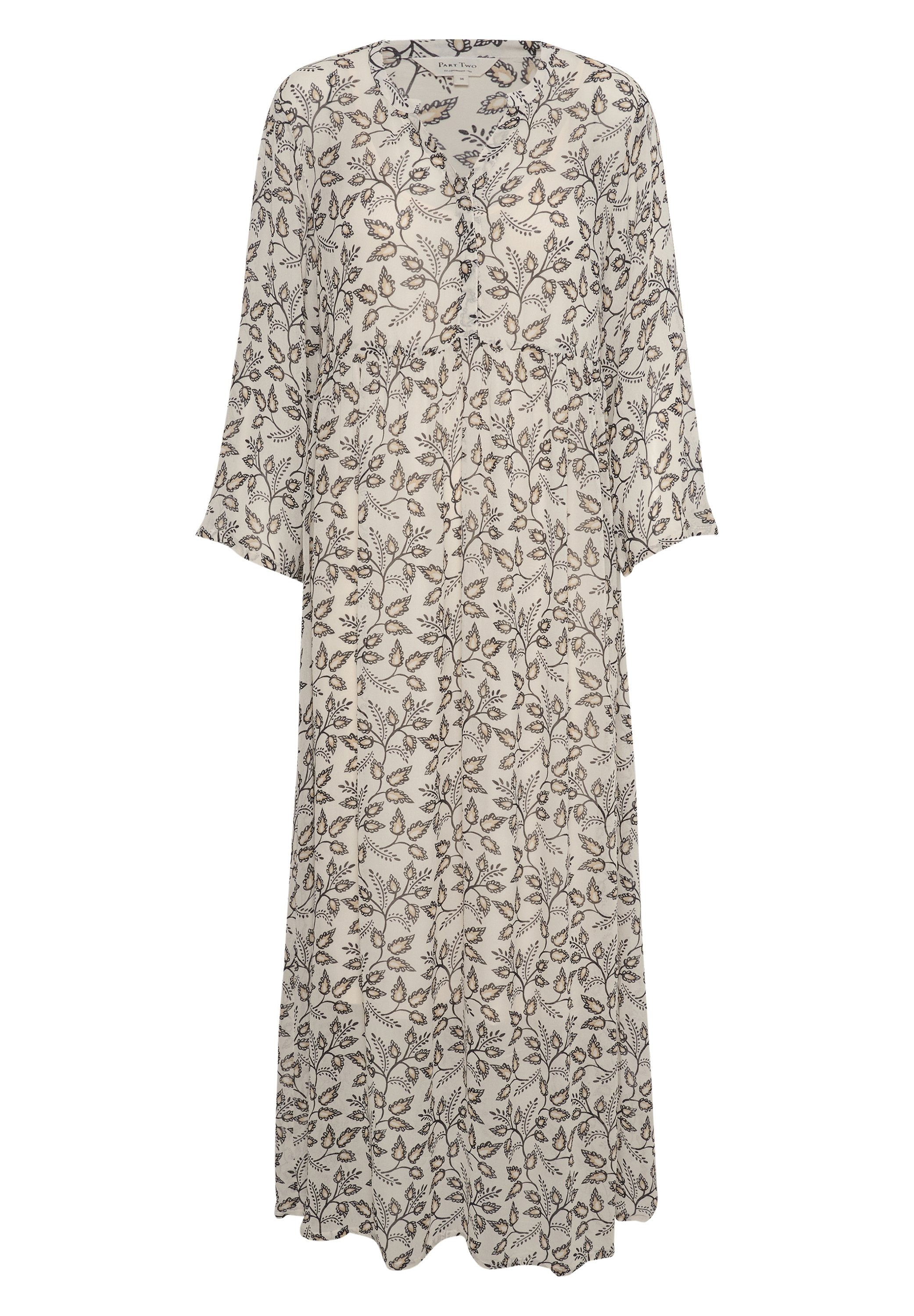 Langes cremefarbenes Kleid mit einem floralen Muster in Schwarz und Beige. V-Ausschnitt, Dreiviertelärmel und eine fließende Silhouette.