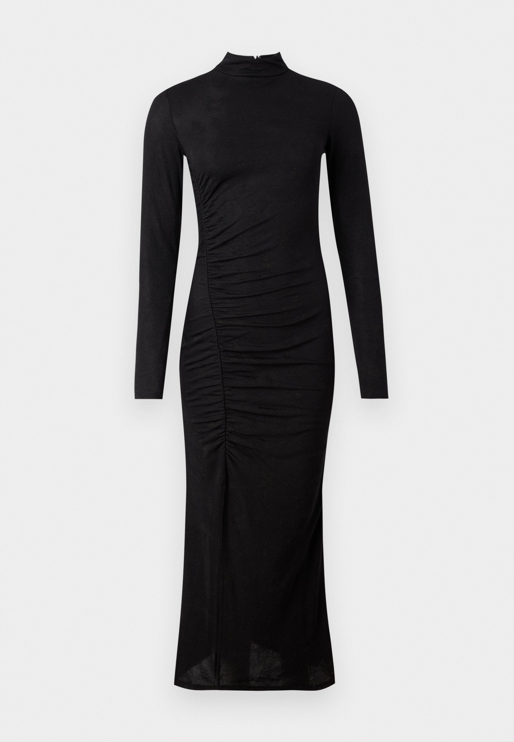 Schwarzes langärmliges Kleid mit hohem Kragen, Raffung an der Seite und gerader Silhouette, aus einem glatten, elastischen Stoff gefertigt.