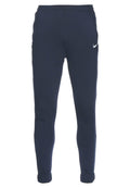 Marineblaue Jogginghosen aus weichem Stoff, mit schmal zulaufendem Design, elastischem Bund und kleinem weißen Nike-Logo am linken Oberschenkel.