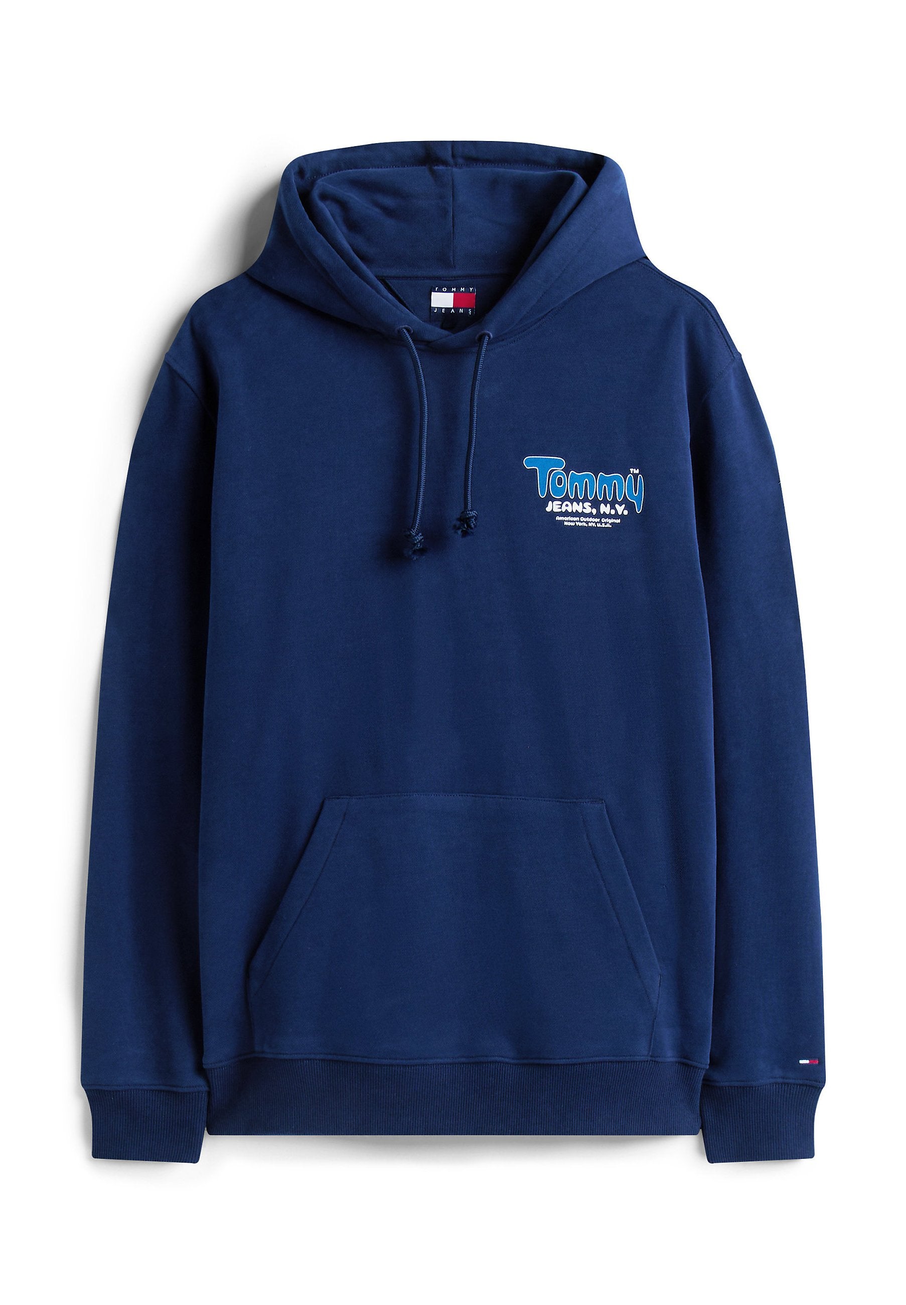 Dunkelblauer Hoodie aus weichem Stoff mit einer Fronttasche, Kapuze mit Kordelzug und grafischem Logo in hellblau. Gerippte Bündchen und Saum.