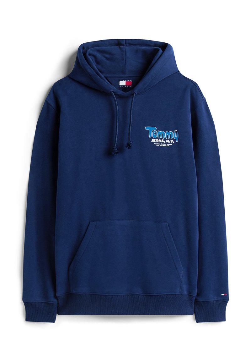 Dunkelblauer Hoodie aus weichem Stoff mit einer Fronttasche, Kapuze mit Kordelzug und grafischem Logo in hellblau. Gerippte Bündchen und Saum.