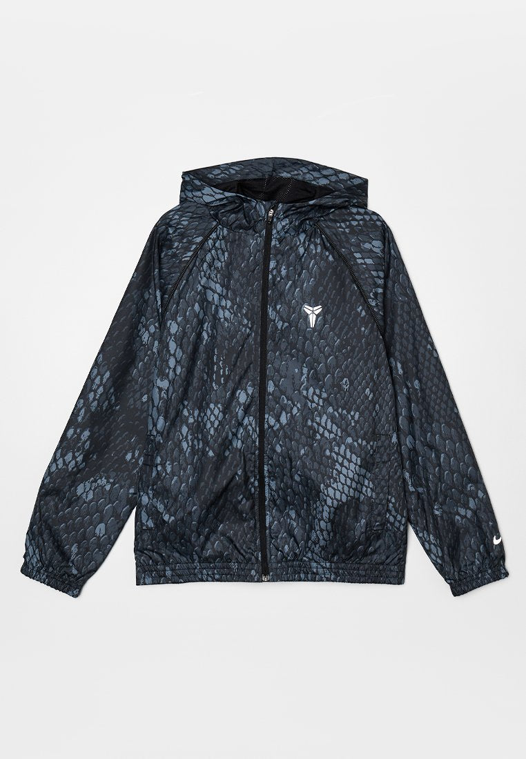 Leichte schwarze Jacke mit Reptilienhautmuster, Reißverschluss, Kapuze und elastischen Bündchen. Verfügt über ein Logo auf der Brust und einen Akzent am Saum.