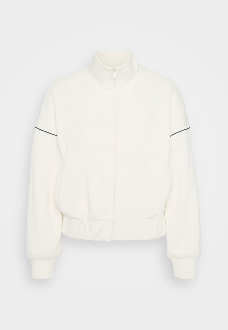 Weißer Reißverschlussjacke mit hohem Kragen, elastischen Bündchen und Saum. Verfügt über schmale schwarze Akzente entlang der Ärmel für einen Kontrast.