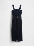 Dunkelblaues Cordkleid mit verstellbaren Trägern, einem Reißverschluss vorne, einem taillierten Gürtel und einer Seitentasche. Langer, figurbetonter Schnitt mit seitlichem Schlitz.