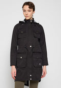 Schwarzer Parka mit einem Reißverschluss vorne, Kordelzug in der Taille und zwei Brusttaschen. Aus strukturiertem Material gefertigt, mit silbernen Hardware-Akzenten.