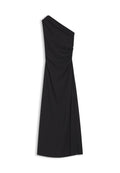 Schwarzes Abendkleid mit einem Träger, gerafftem Detail an der Taille und einem langen, bodenlangen Rock.