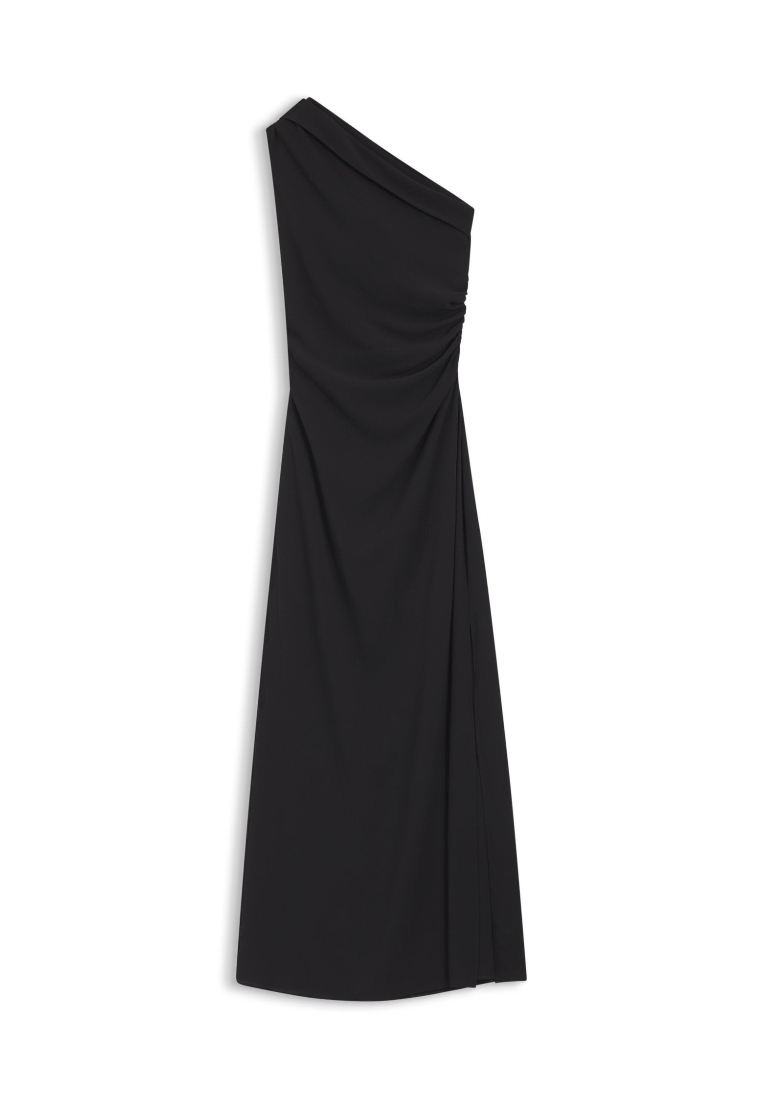 Schwarzes Abendkleid mit einem Träger, gerafftem Detail an der Taille und einem langen, bodenlangen Rock.