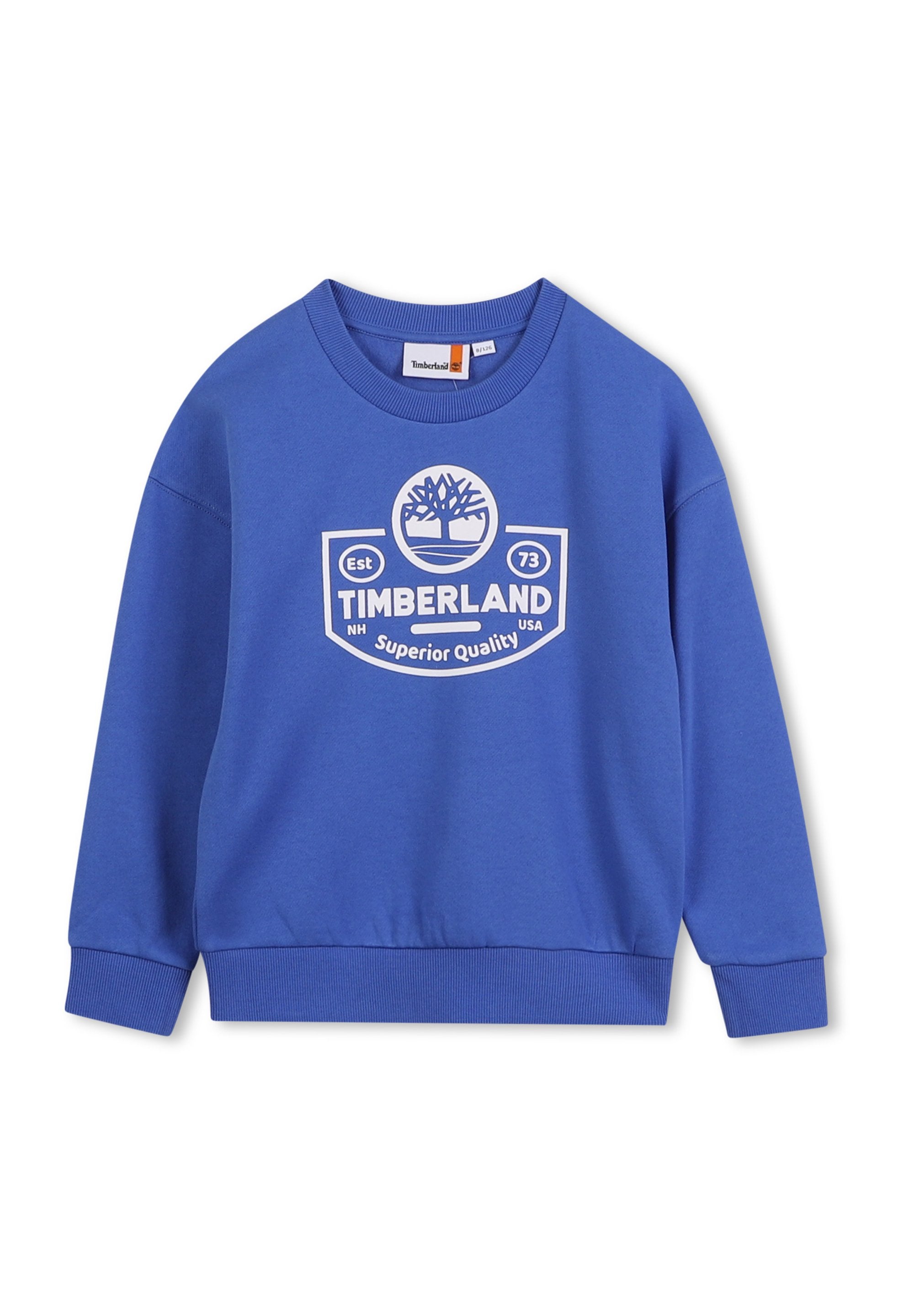 Blauer Sweatshirt aus Baumwolle, mit Rundhalsausschnitt, langen Ärmeln und einem Logo-Druck auf der Vorderseite mit einem Baumgrafik und Markennamen.