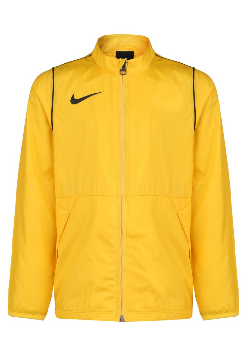 Gelber Nike Windbreaker mit hohem Kragen, schwarzen Akzenten, Reißverschluss vorne, zwei seitlichen Taschen und elastischen Bündchen. Glattes, leichtes Material.