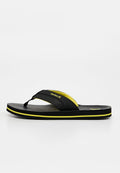 Schwarze und gelbe Hurley Flip-Flop-Sandale mit dickem Riemen und strukturierter Sohle, gezeigt vor einem schlichten weißen Hintergrund.