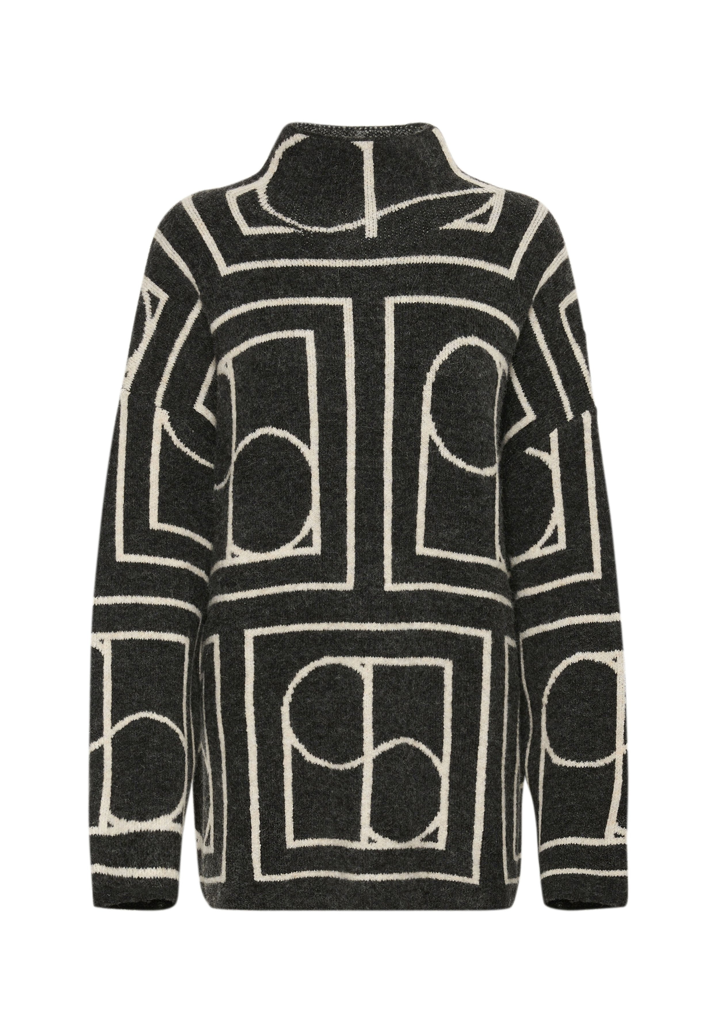 Dunkelgrauer Strickpullover mit übergroßer Passform, der ein geometrisches cremefarbenes Muster aus Kreisen und Rechtecken aufweist. Hoher Kragen.