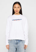 Weißes Sweatshirt mit Rundhalsausschnitt, langen Ärmeln und lässiger Passform. Auf der Vorderseite ist "Diesel Industry" in Blau und Rot aufgedruckt.