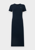 Navy-blaues, geripptes Maxi-Kleid mit kurzen Ärmeln und Rundhalsausschnitt, featuring a small logo accents on the chest. Weicher, dehnbarer Stoff.