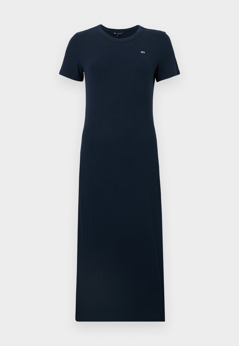 Navy-blaues, geripptes Maxi-Kleid mit kurzen Ärmeln und Rundhalsausschnitt, featuring a small logo accents on the chest. Weicher, dehnbarer Stoff.